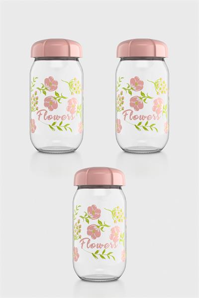 Renga Rhea 1000 ml Flower Desenli 3lü Cam Kavanoz Seti 132007 Pembe