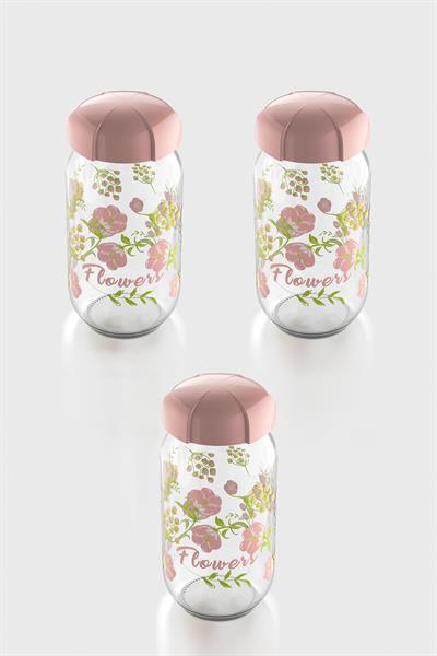 Renga Rhea 1000 ml Flower Desenli 3lü Cam Kavanoz Seti 132007 Pembe