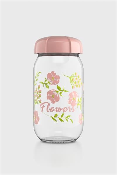 Renga Rhea 1000 ml Flower Desenli Cam Kavanoz 132007 Pembe