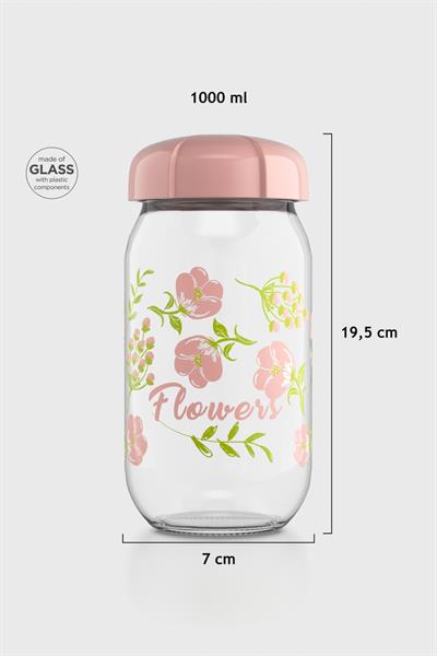 Renga Rhea 1000 ml Flower Desenli Cam Kavanoz 132007 Pembe