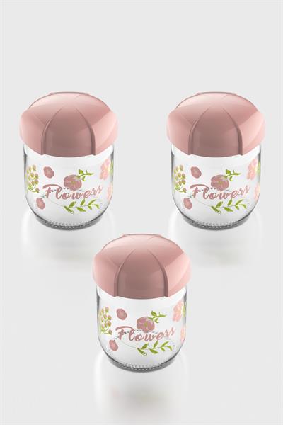 Renga Rhea 425 ml Flower Desenli 3lü Cam Kavanoz Seti 132005 Pembe