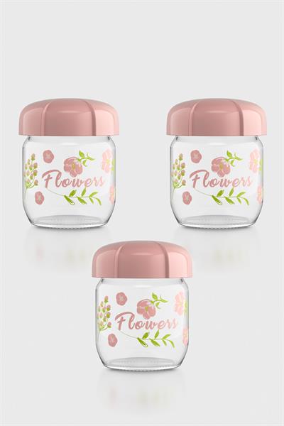 Renga Rhea 425 ml Flower Desenli 3lü Cam Kavanoz Seti 132005 Pembe