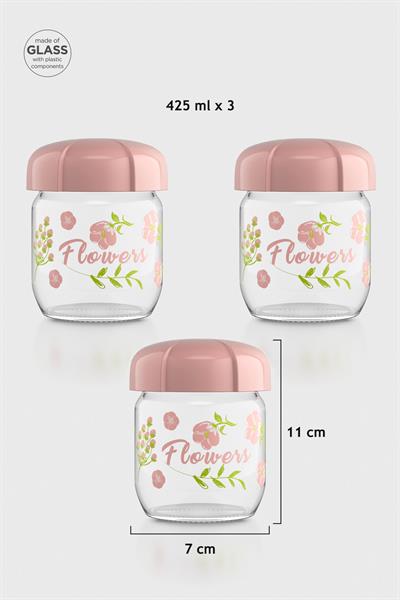 Renga Rhea 425 ml Flower Desenli 3lü Cam Kavanoz Seti 132005 Pembe