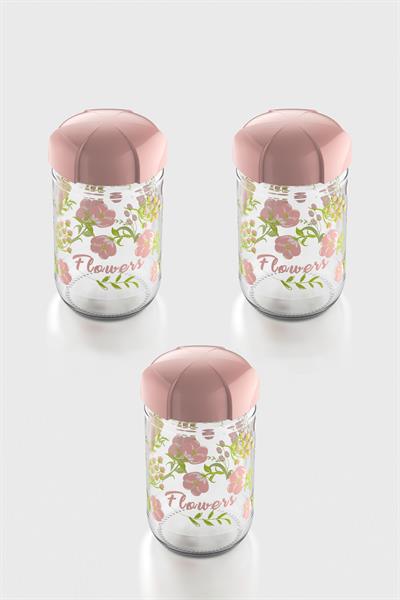 Renga Rhea 660 ml Flower Desenli 3lü Cam Kavanoz Seti 132006 Pembe