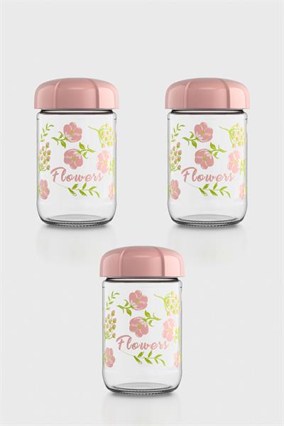Renga Rhea 660 ml Flower Desenli 3lü Cam Kavanoz Seti 132006 Pembe