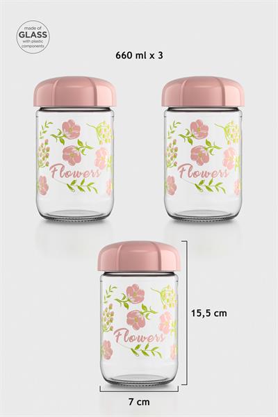 Renga Rhea 660 ml Flower Desenli 3lü Cam Kavanoz Seti 132006 Pembe