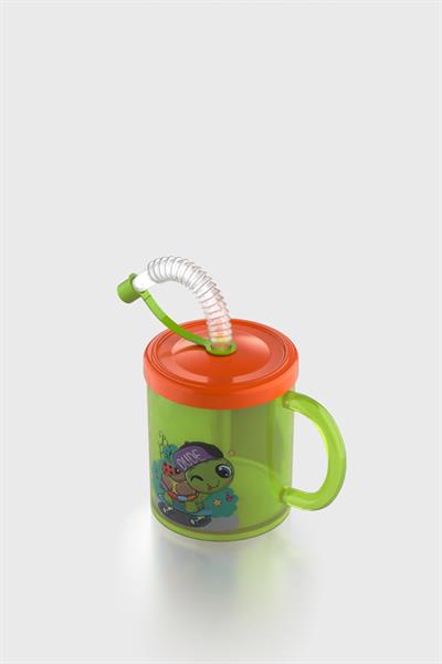 Renga Ruby Kaplumbağa Desenli 210 ml Pipetli Kulplu PP Bebek Bardağı 142026 Yeşil-Turuncu