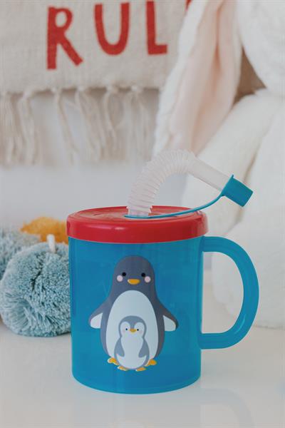 Renga Ruby Penguen Desenli 210 ml Pipetli Kulplu PP Bebek Bardağı 142003 Mavi-Kırmızı