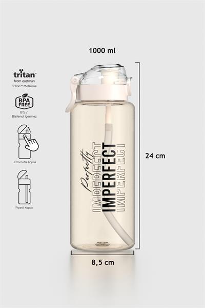 Renga Saga Loop Yazı Desenli 1000 ml Pipetli Tritan Matara 912173 Bej