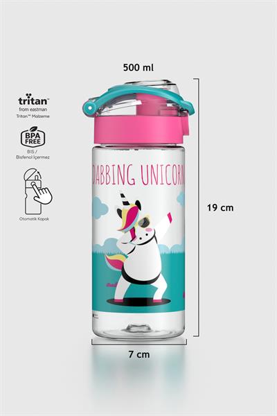 Renga Saga Unicorn Desenli 500 ml Tritan Çocuk Matara 912014 Pembe-Turkuaz