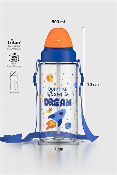 Renga Sonic Air Desenli 500 ml Askılı Pipetli Tritan Çocuk Matara 912058 Mavi-Turuncu