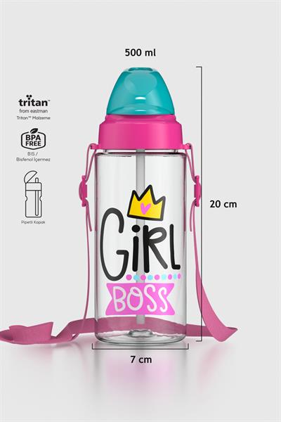 Renga Sonic Air Desenli 500 ml Askılı Pipetli Tritan Çocuk Matara 912058 Pembe-Mint