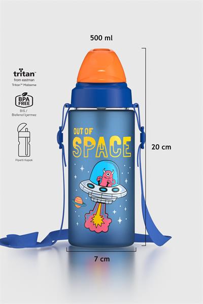 Renga Sonic Air Desenli 500 ml Askılı Pipetli Mat Tritan Çocuk Matara 912119 Mavi
