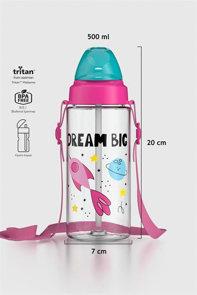 Renga Sonic Air Desenli 500 ml Askılı Pipetli Tritan Çocuk Matara 912058 Pembe