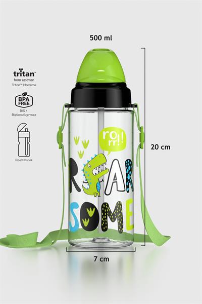 Renga Sonic Air Desenli 500 ml Askılı Pipetli Tritan Çocuk Matara 912058 Siyah-Yeşil