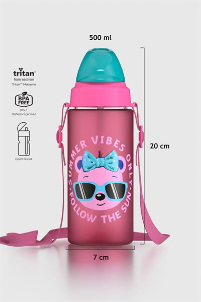 Renga Sonic Air Desenli 500 ml Askılı Pipetli Mat Tritan Çocuk Matara 912119 Pembe