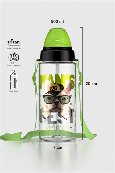 Renga Sonic Air Köpek Desenli 500 ml Askılı Pipetli Tritan Çocuk Matara 912059 Siyah-Yeşil