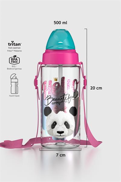 Renga Sonic Air Panda Desenli 500 ml Askılı Pipetli Tritan Çocuk Matara 912059 Pembe-Mint