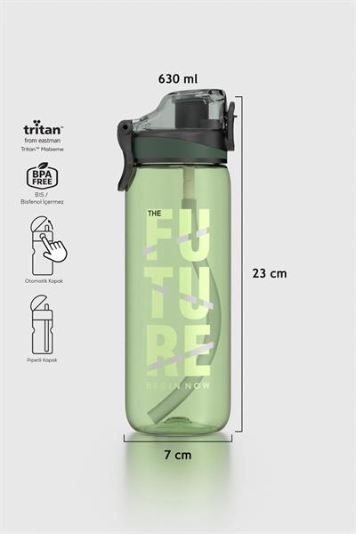 Renga Trego Sport Yazı Desenli 630 ml Pipetli Tritan Matara 912170 Yeşil