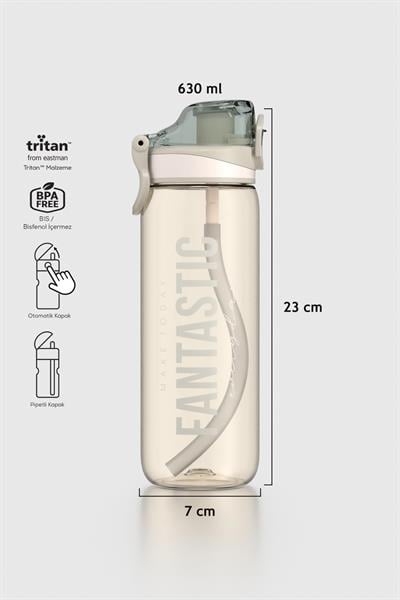 Renga Trego Sport Yazı Desenli 630 ml Pipetli Tritan Matara 912170 Bej