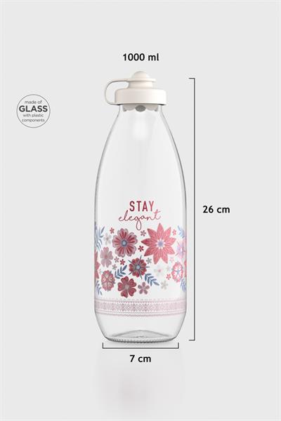 Renga Ufo Yazı Desenli 1000 ml Cam Şişe 182052 Bej