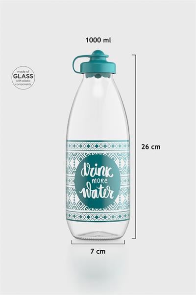 Renga Ufo Yazı Desenli 1000 ml Cam Şişe 182052 Turkuaz