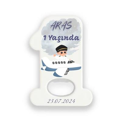 1 Rakamı Şeklinde Magnet Açacak – Aras 1 Yaşında Uçak Temalı Doğum Günü Hatırası