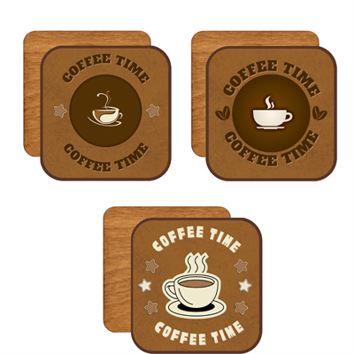 Coffee Time Desenli 6lı Ahşap Bardak Altlığı