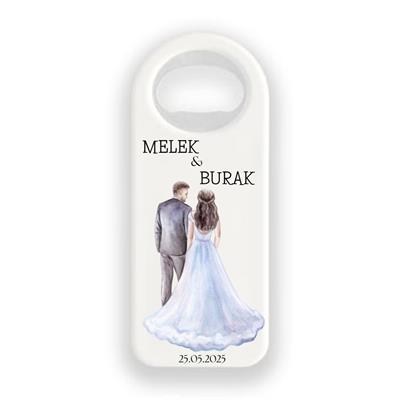 Dik Magnet – Melek & Burak Nikah Hatırası Açacak Magnet – Mavi Gelinlik Tasarımı