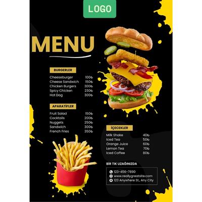 Fast Food Menü A3 - Dinamik ve Çarpıcı PVC Tasarım