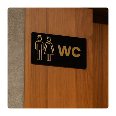 Gold Siyah Pleksi WC Kapı Panosu – 15x30 cm Şapkalı & Fiyonklu Tasarım