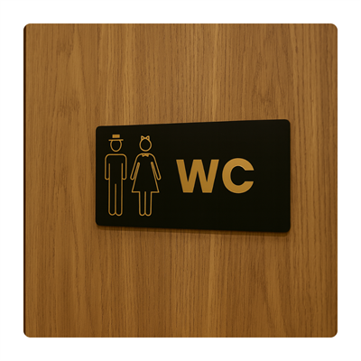 Gold Siyah Pleksi WC Kapı Panosu – 15x30 cm Şapkalı & Fiyonklu Tasarım