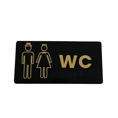 Gold Siyah Pleksi WC Kapı Panosu – 15x30 cm Şapkalı & Fiyonklu Tasarım
