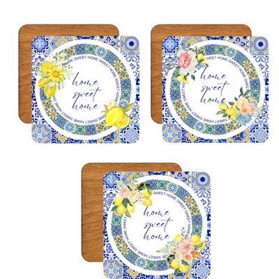 Home Sweet Home Desenli 6lı Ahşap Bardak Altlığı