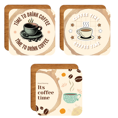 Kahve Saatini Hatırlatan Tasarımlı 6lı Ahşap Bardak Altlığı