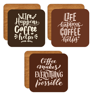 Kahve Temalı Yazılı Tasarımlı 6lı Ahşap Bardak Altlığı