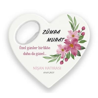 Kalp Şeklinde Nişan Hatırası Magnet – Zümra & Murat Çiçekli Açacak Tasarım