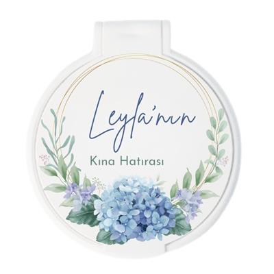 Leylanın Mavi Çiçek Temalı Kına Hatırası Yuvarlak Ayna