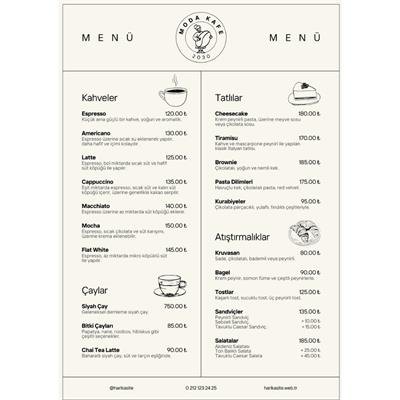 Minimalist Kafe Menüsü A3 - Şık ve Dayanıklı PVC Baskı