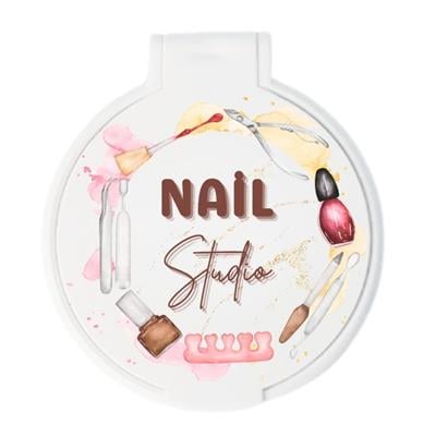 Nail Studio Temalı Manikür İllüstrasyonlu Yuvarlak Ayna