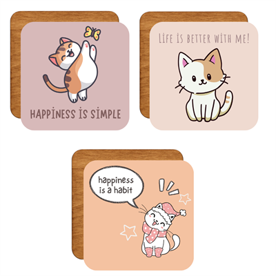 Tatlı Kedili 6lı Ahşap Bardak Altlığı