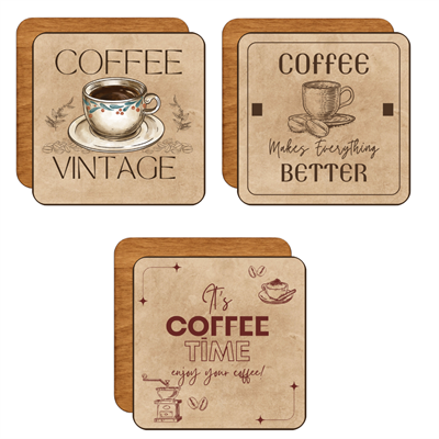 Vintage Kahve Temalı 6lı Ahşap Bardak Altlığı