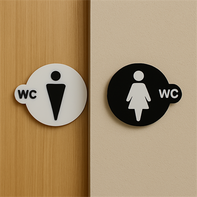 Yuvarlak Siyah-Beyaz WC Kapı Panosu – Erkek & Kadın Seti