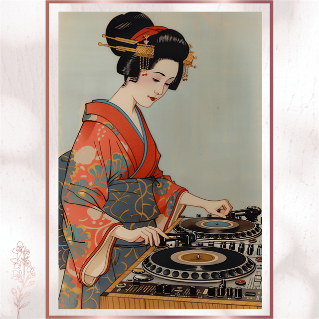 DJ Geisha Poster - Japon Kültürlü Komik Sanat Tablosu