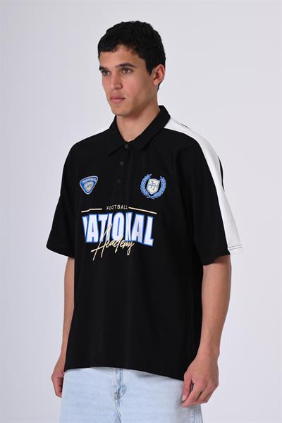Siyah National Polo Yaka Nakışlı Tişört