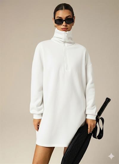 3 İplik Şardonlu Beyaz Oversize Fermuarlı Tunik Sweatshirt - Günlük Spor Elbise