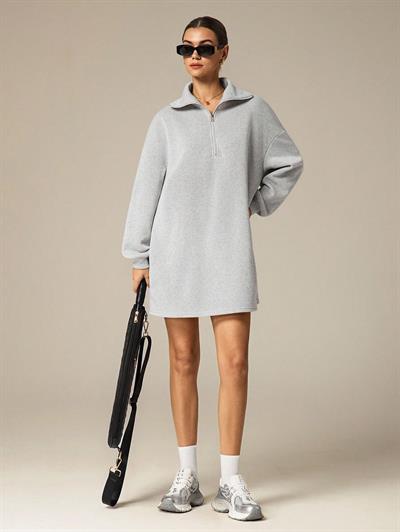 3 İplik Şardonlu Gri Oversize Fermuarlı Tunik Sweatshirt - Günlük Spor Elbise