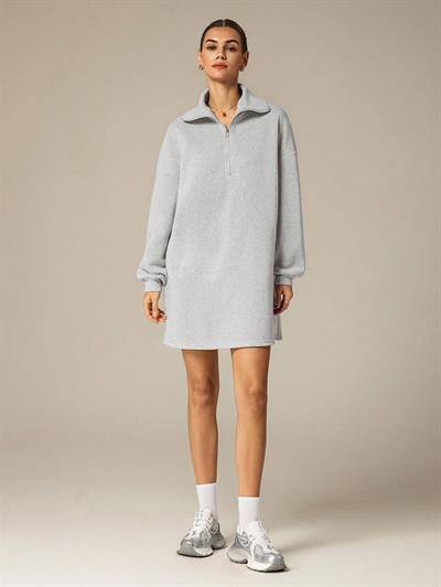 3 İplik Şardonlu Gri Oversize Fermuarlı Tunik Sweatshirt - Günlük Spor Elbise