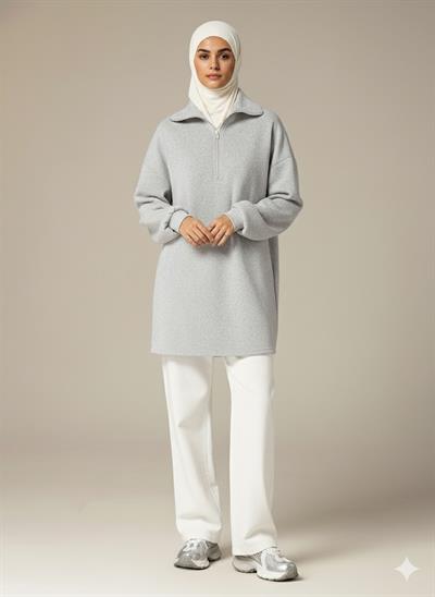 3 İplik Şardonlu Gri Oversize Fermuarlı Tunik Sweatshirt - Günlük Spor Elbise