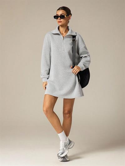 3 İplik Şardonlu Gri Oversize Fermuarlı Tunik Sweatshirt - Günlük Spor Elbise